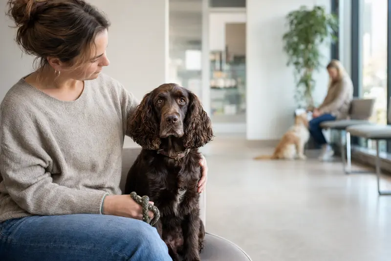 Ein Field Spaniel sitzt ruhig neben seinem Besitzer im hellen Wartezimmer einer modernen Tierarztpraxis.